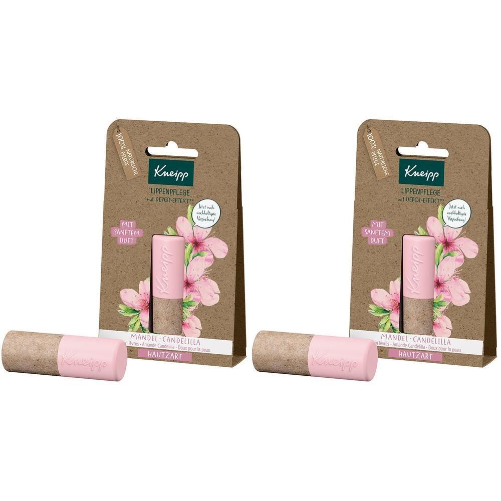 Zwei Lippenpflegestifte in Verpackung. Rosa Stift mit braunem Unterteil. Verpackung aus Karton mit Produktlogo und floralem Design.