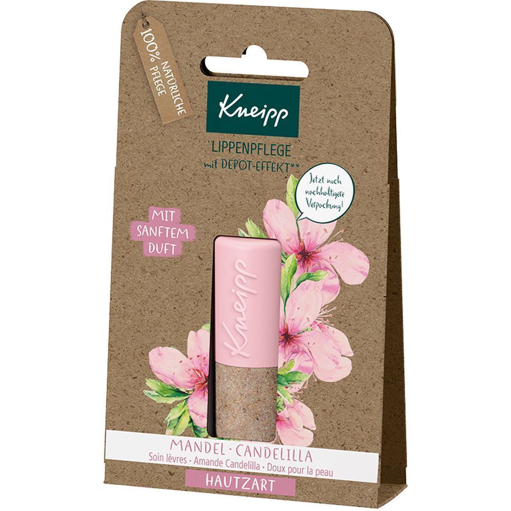 Lippenpflegestift in Verpackung. Rosa Stift mit braunem Unterteil. Verpackung aus Karton mit Produktlogo und floralem Design.