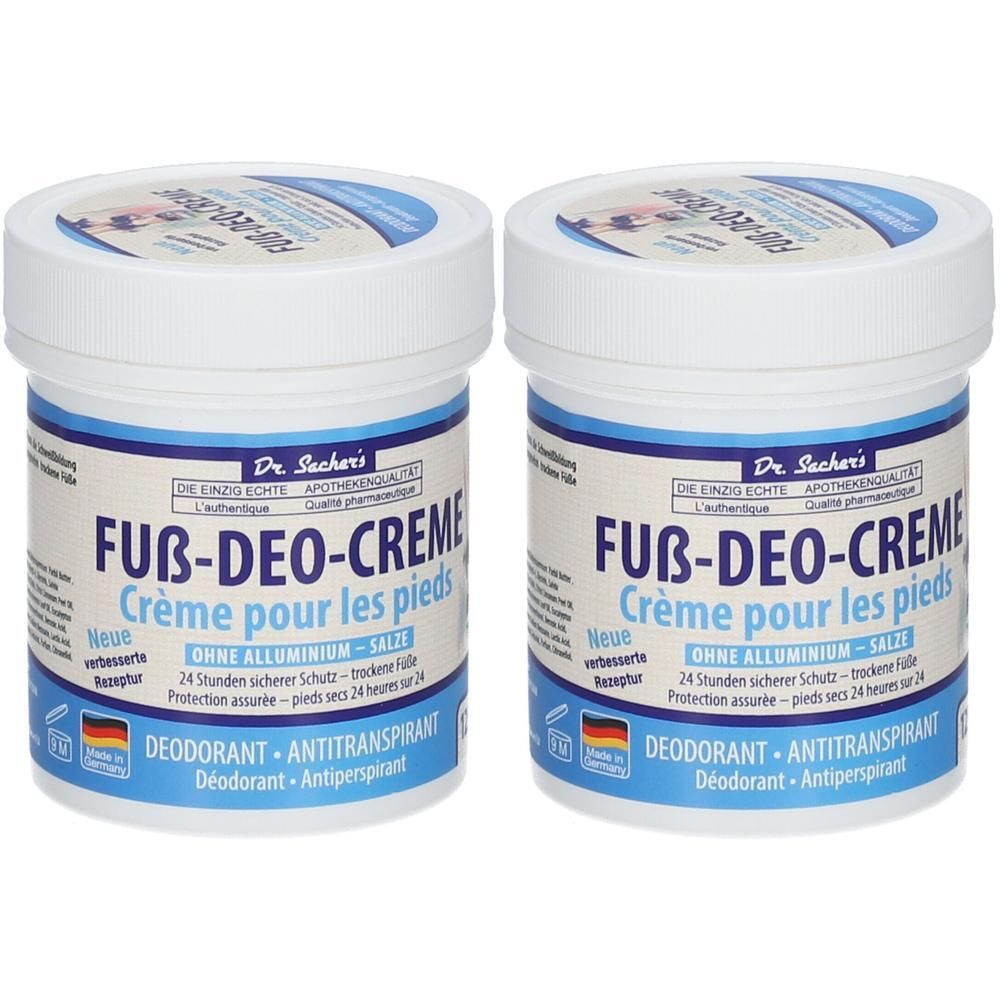 Zwei weiße Tiegel mit Deckel. Aufschrift: Fuß-Deo-Creme, Dr. Sachers. Text in Deutsch und Französisch. Ohne Aluminiumsalze.