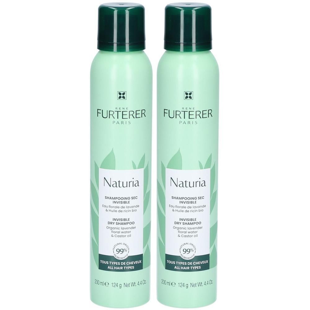 Zwei Flaschen Trockenshampoo. Hellgrüne Flaschen mit dunkelgrünen Deckeln. Aufschrift: Naturia, Invisible Dry Shampoo.
