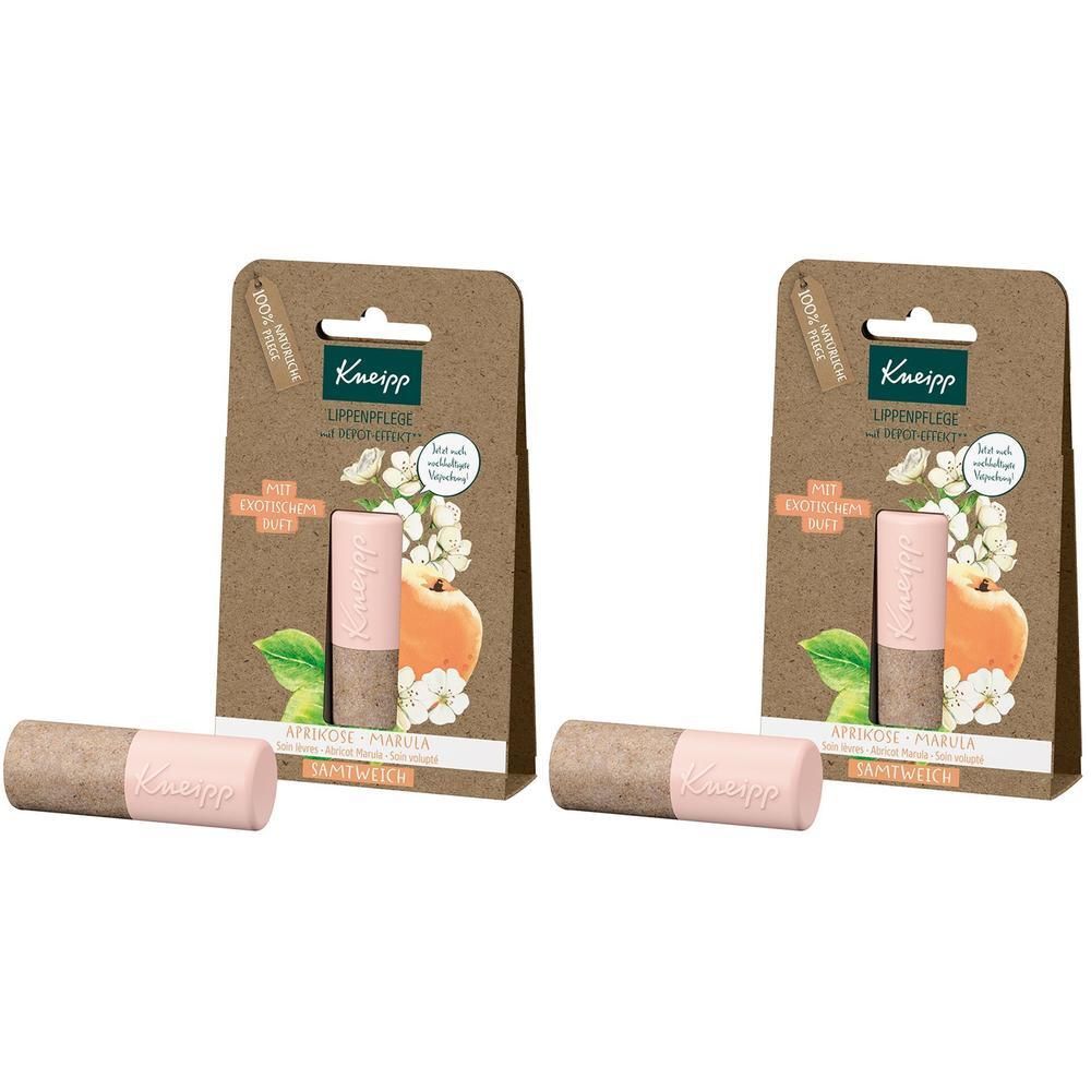Zwei Lippenpflegestifte mit rosa Kappe und braunem Unterteil, in Pappverpackung. Marke Kneipp® sichtbar.