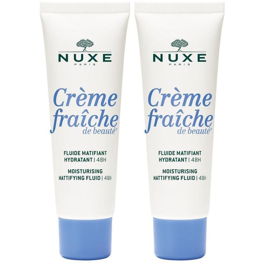 Zwei weiße Tuben mit blauen Kappen. Aufschrift: NUXE, Crème fraîche de beauté, Fluid Matifiant Hydratant 48H.