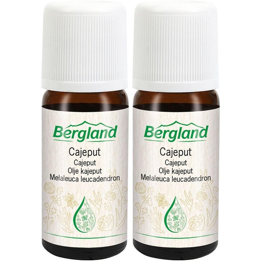 Zwei braune Glasflaschen mit weißen Deckeln. Auf den Etiketten steht "Bergland Cajeput".