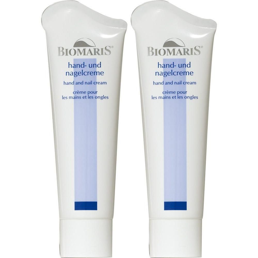 Zwei Tuben Hand- und Nagelcreme. Weiß, mit blauem Streifen und Schriftzug. Marke: BIOMARIS. Text in Deutsch, Englisch und Französisch.