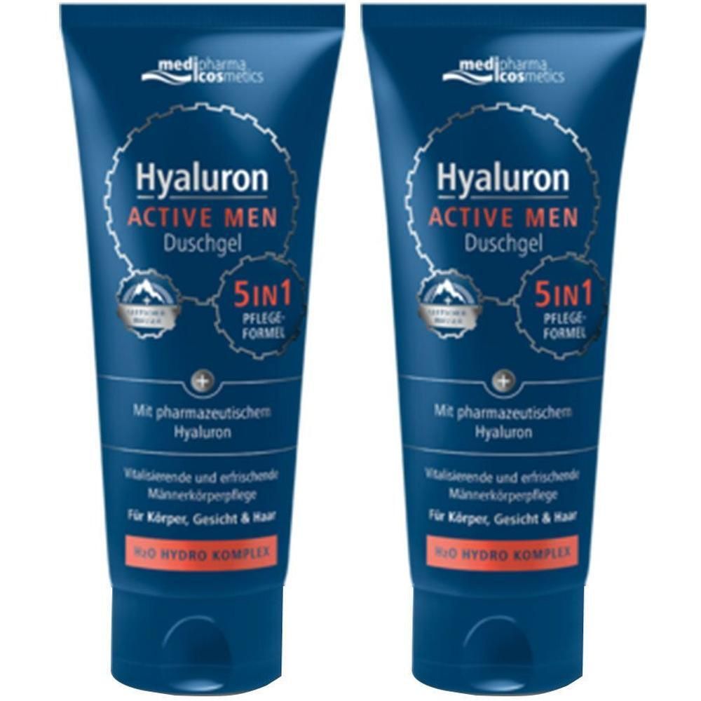 Zwei blaue Tuben Duschgel. Aufschrift: Hyaluron Active Men Duschgel, 5in1 Pflege Formel. Mit Hyaluron. Für Körper, Gesicht & Haar.