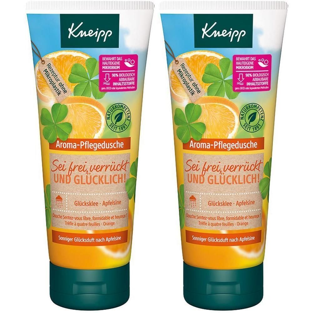 Zwei Tuben Kneipp Aroma-Pflegedusche. Aufschrift: Sei frei, verrückt und glücklich! Mit Kleeblatt und Orange. Rezeptur ohne Mikroplastik.