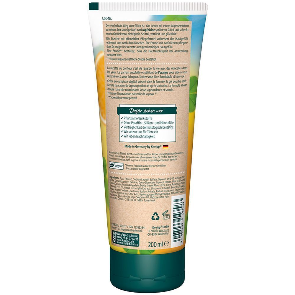 Rückseite einer Tube Kneipp Aroma-Pflegedusche. Text über Inhaltsstoffe und Nachhaltigkeit. Vegan-Siegel. Made in Germany. 200 ml.