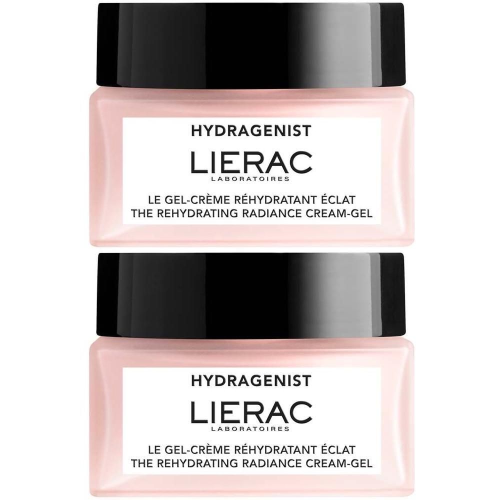 Zwei rosa Tiegel mit schwarzem Deckel. Aufschrift: HYDRAGENIST, LIERAC, Le gel-crème réhydratant éclat, The rehydrating radiance cream-gel.