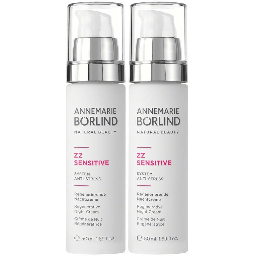 Zwei weiße Pumpflaschen ANNEMARIE BÖRLIND ZZ SENSITIVE Regenerierende Nachtcreme, 50ml.