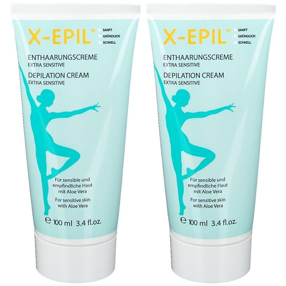 Zwei Tuben Enthaarungscreme. Hellblaue Tuben mit weißem Deckel. Aufschrift: X-Epil, Enthaarungscreme, Extra Sensitive, Depilation Cream.