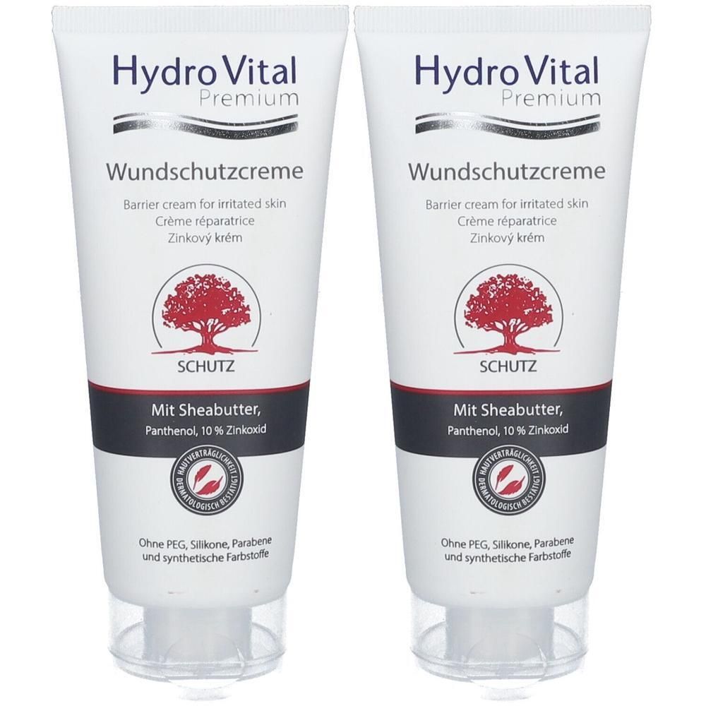 Zwei Tuben Hydro Vital Premium Wundschutzcreme. Weiße Tuben mit schwarzer Schrift und rotem Baum-Logo. Text: Wundschutzcreme.