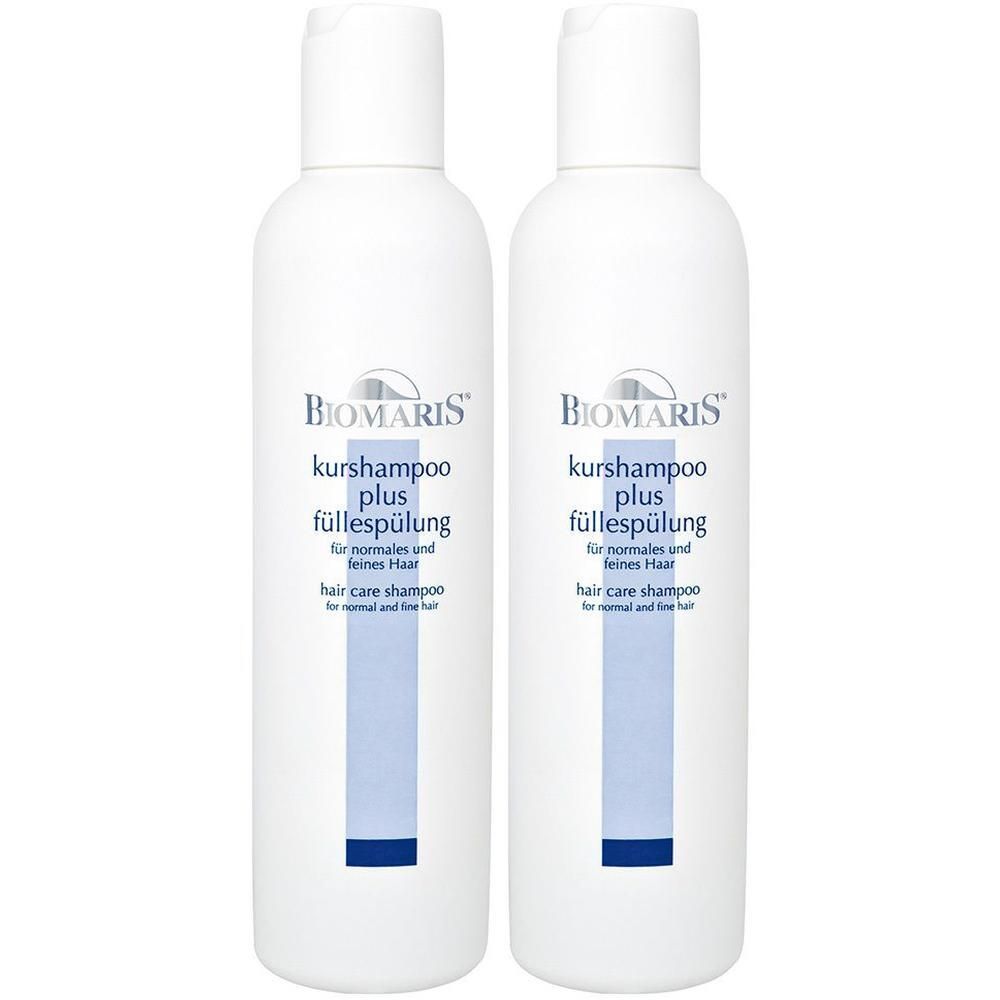 Zwei weiße Flaschen mit BIOMARIS Kurshampoo plus Füllespülung. Text: für normales und feines Haar, hair care shampoo.