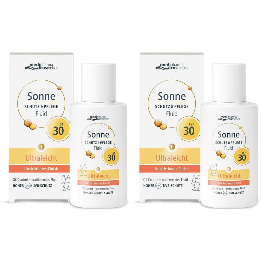 Zwei Flaschen Sonnenfluid mit Verpackung. Aufschrift: Sonne Schutz & Pflege Fluid LSF 30. Weißes Fläschchen mit gelbem Etikett.