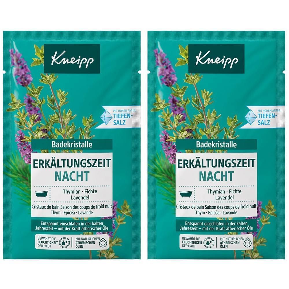Zwei Beutel KNEIPP Badekristalle Erkältungszeit Nacht. Grün-blaues Design mit Lavendel- und Thymian-Illustrationen. Text: Tiefensalz.