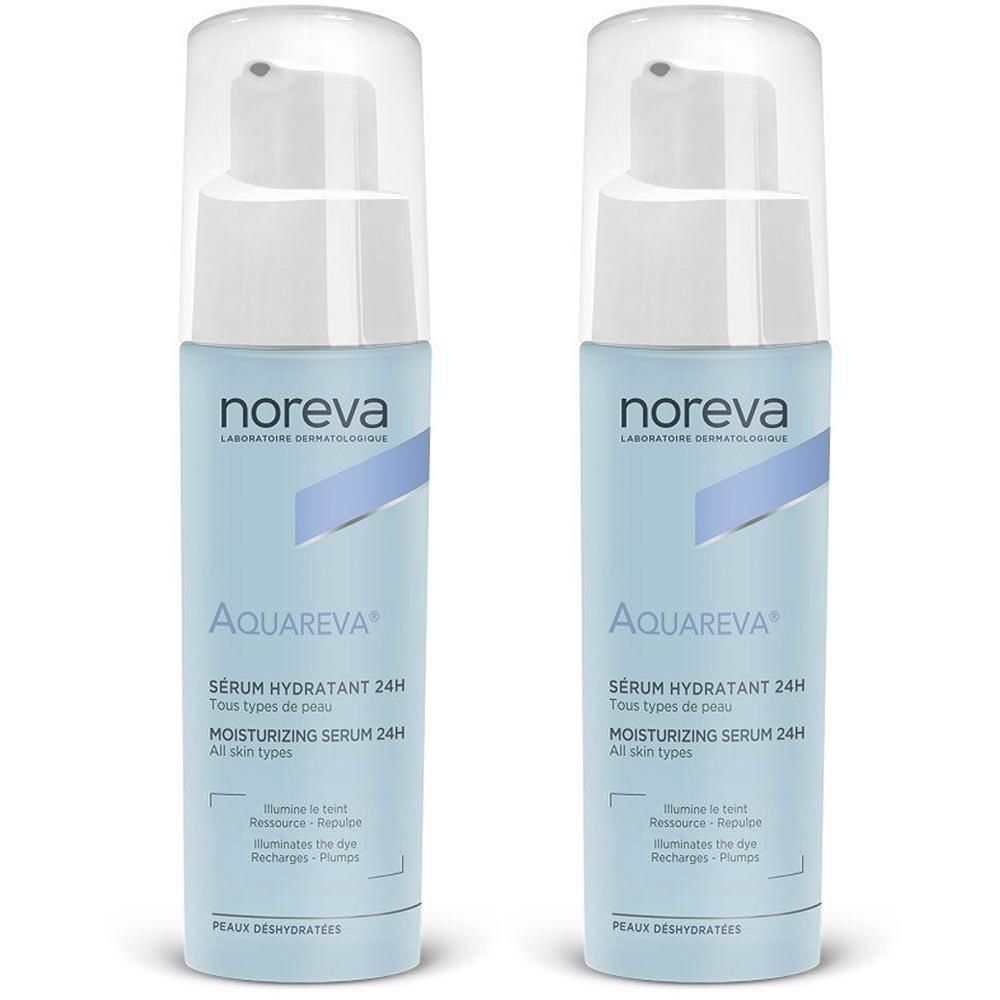 Zwei Flaschen Serum mit Pumpverschluss. Hellblaue Flaschen mit weißem Deckel. Aufschrift: noreva, AQUAREVA, Serum hydratant 24h.