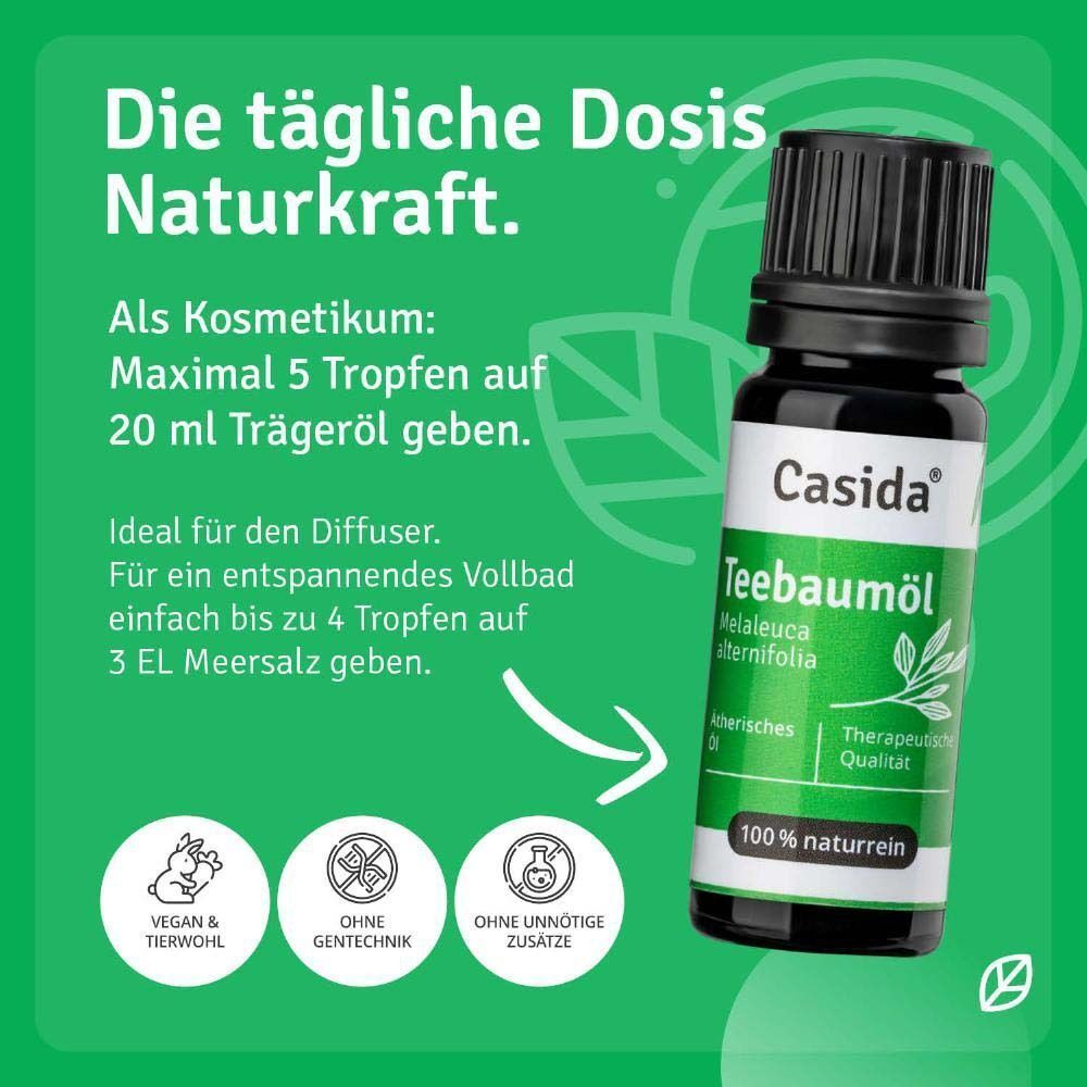 Infografik mit Flasche Casida® Teebaumöl. Anwendungshinweise: Kosmetik, Diffuser, Vollbad. Vegan & tierwohl, ohne Gentechnik, ohne Zusätze.