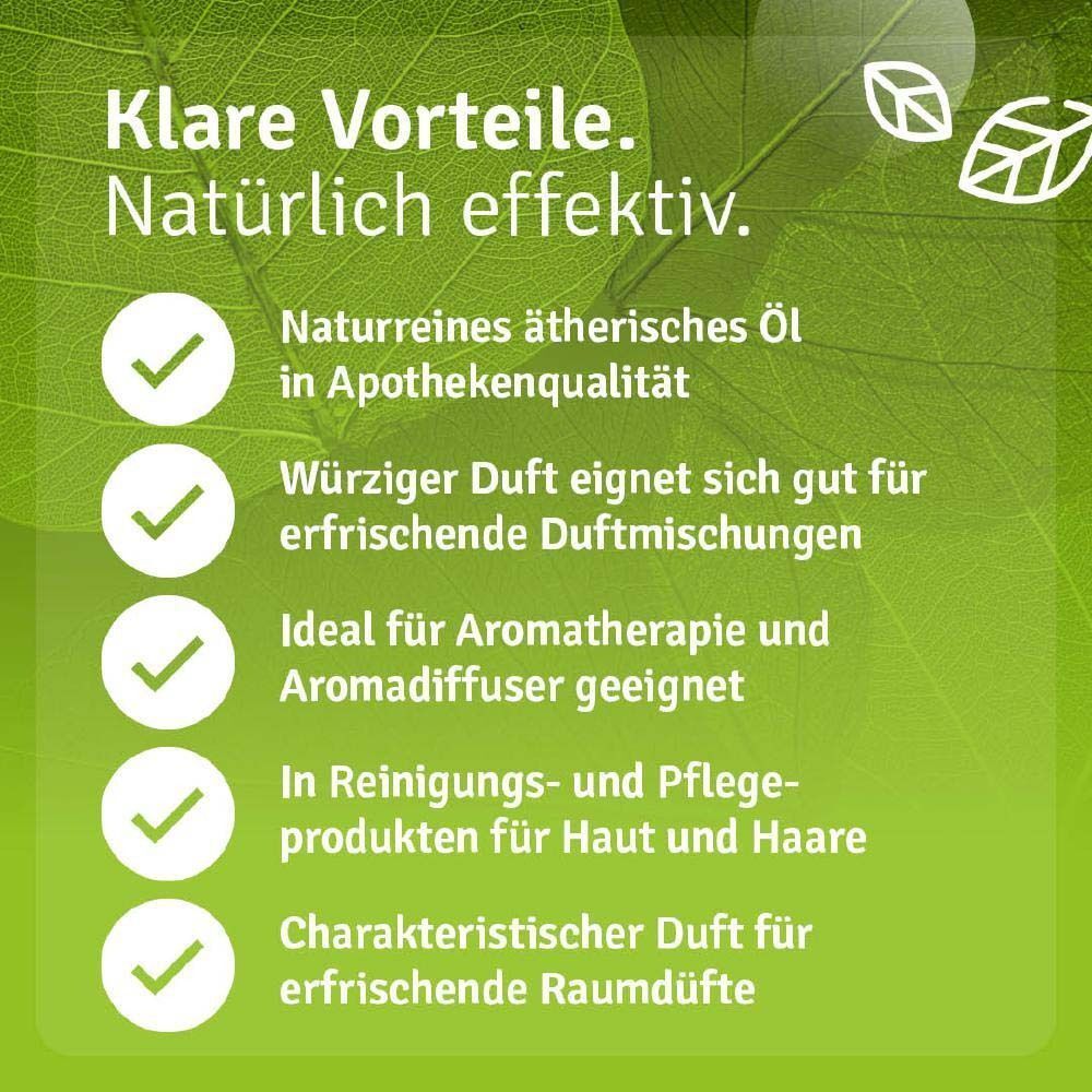 Infografik mit Vorteilen von Casida® Teebaumöl. Naturreines ätherisches Öl, für Aromatherapie, Reinigungs- und Pflegeprodukte, Raumdüfte.