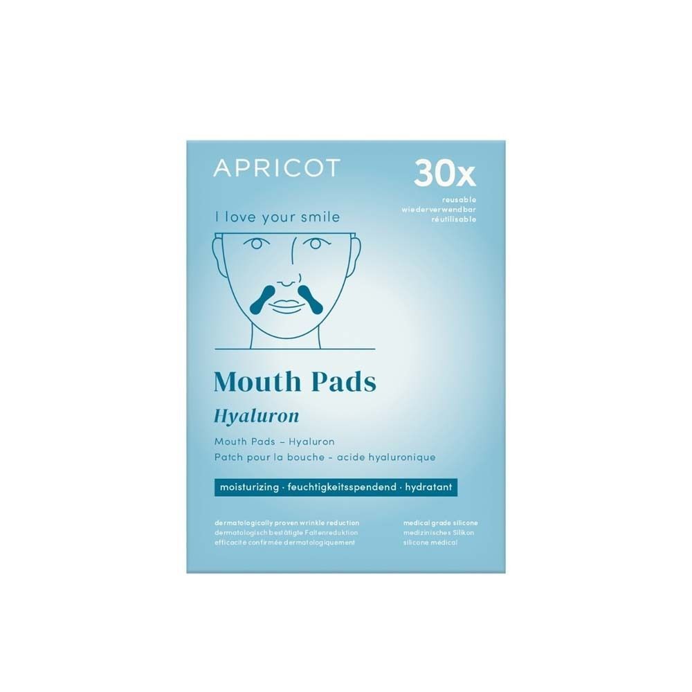 Verpackung mit APRICOT Mouth Pads Hyaluron. Aufdruck: 30 Stück. Text: moisturizing, feuchtigkeitsspendend, hydratant.