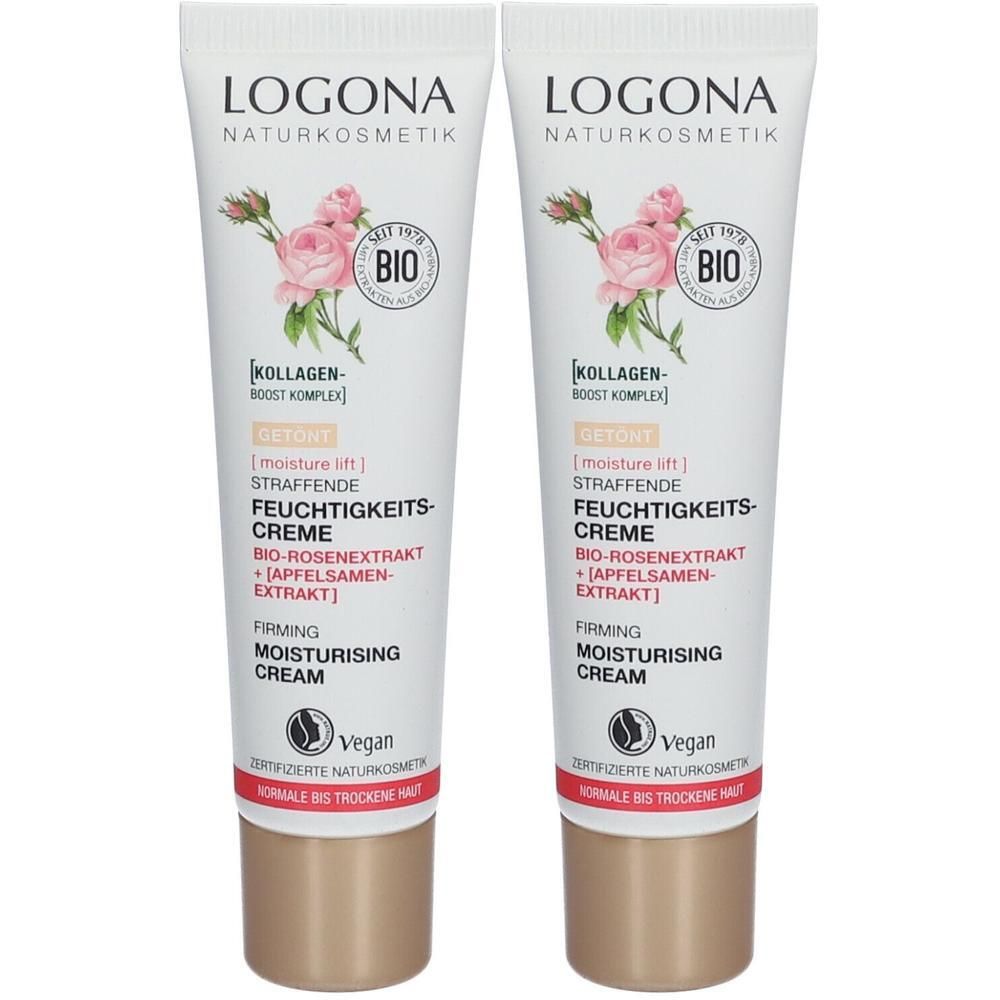 Zwei Tuben getönte Feuchtigkeitscreme. Aufschrift: LOGONA, Bio-Rose, Kollagen, getönt, straffende Feuchtigkeitscreme, vegan. Zertifizierte Naturkosmetik.