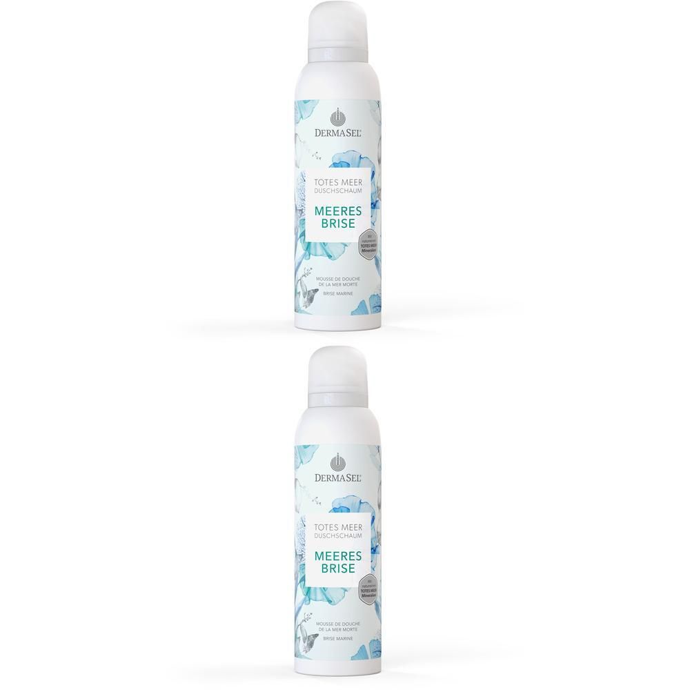 Zwei weiße Sprühdosen mit blauer und grüner Grafik. Aufschrift: DERMASEL, Totes Meer Duschschaum, Meeresbrise.