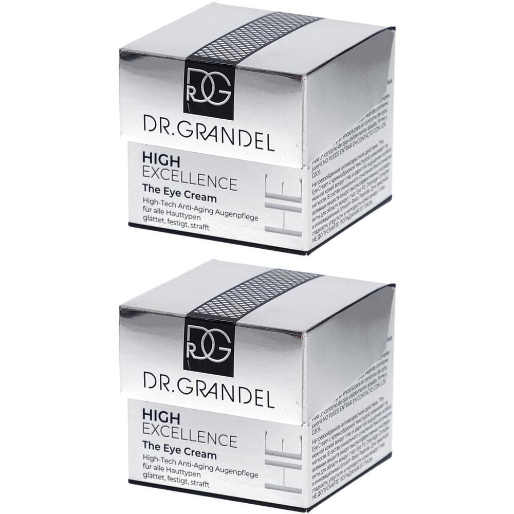 Zwei silberne Faltschachteln. Aufschrift: DR. GRANDEL, HIGH EXCELLENCE The Eye Cream. High-Tech Anti-Aging Augenpflege.