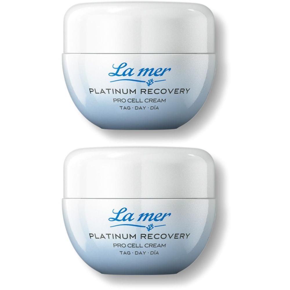 Zwei Tiegel La Mer Platinum Recovery Pro Cell Cream. Weißer Deckel, hellblauer Behälter. Schriftzug: La Mer, Platinum Recovery.