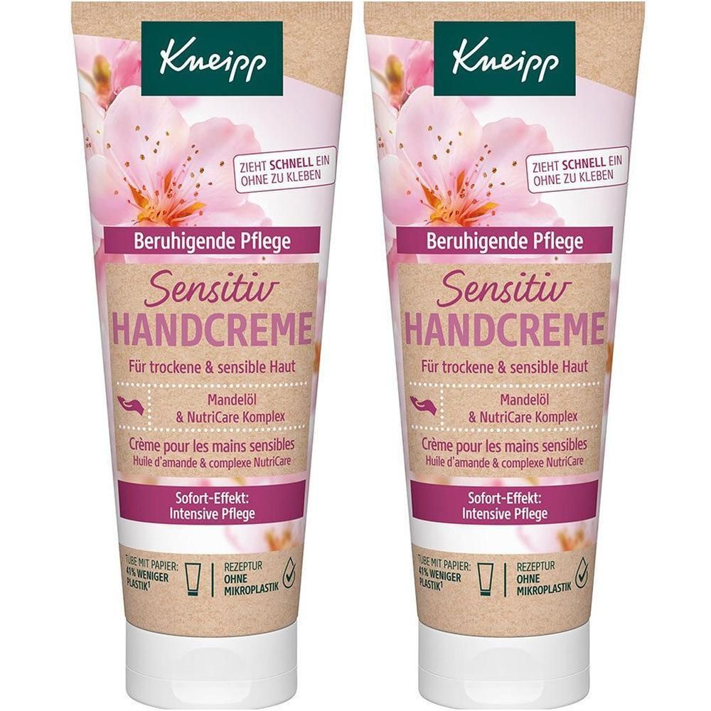 Zwei Tuben Kneipp Sensitiv Handcreme. Weiße Tube mit braunem Etikett, floralem Design und Produktbezeichnung.