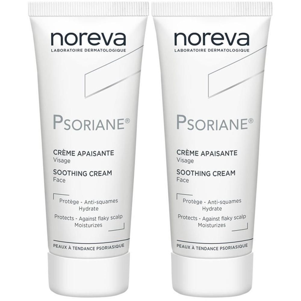 Zwei Tuben noreva Psoriane Creme. Weiße Tuben mit Schriftzug und Produktbezeichnungen. Creme für das Gesicht.