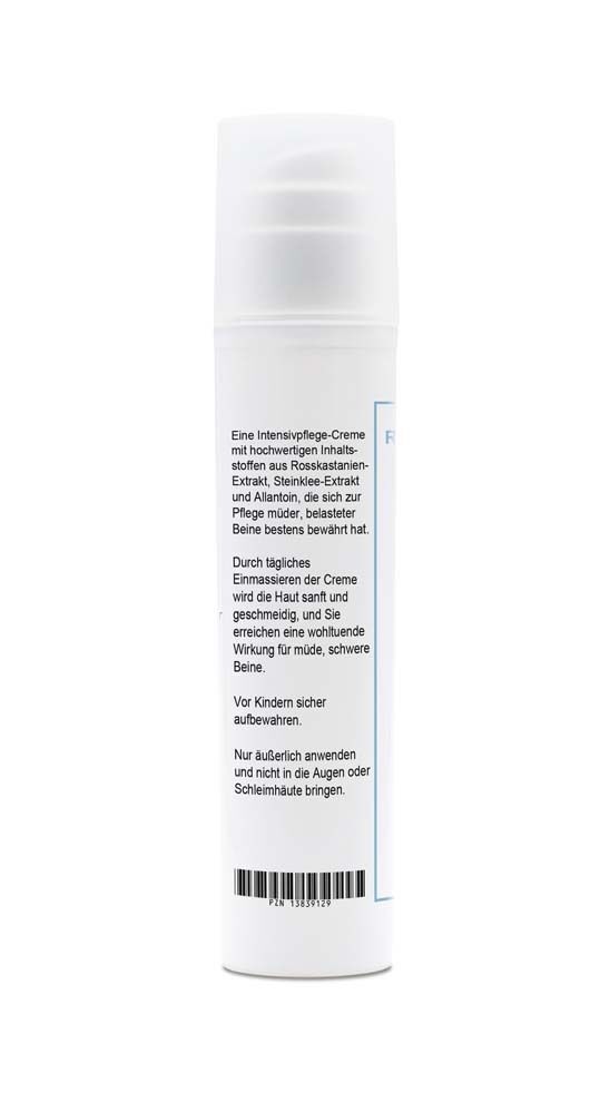 Weiße Pumpflasche mit Produktetikett. Text: Intensivpflege-Creme, Inhaltsstoffe, Anwendungshinweise. Barcode unten.