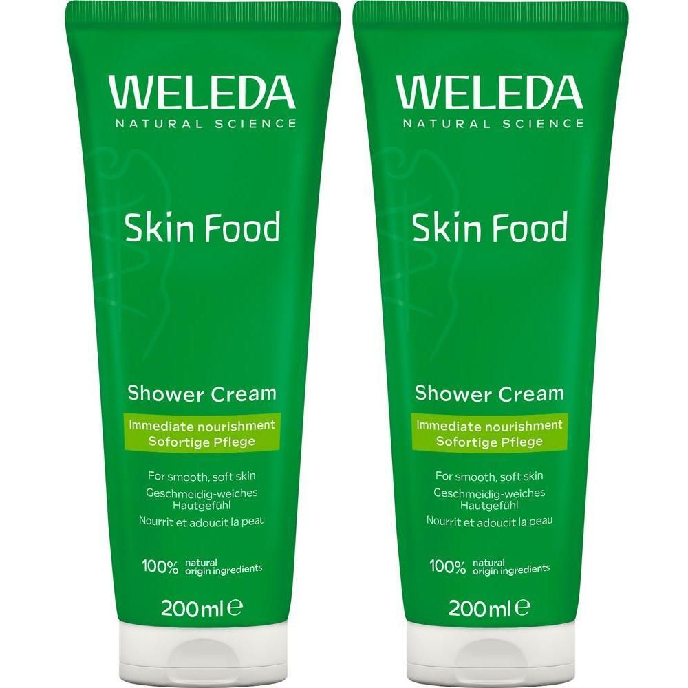 Zwei grüne Tuben mit weißer Schrift. Aufschrift: WELEDA, Skin Food, Shower Cream. 200ml. 100% natürliche Inhaltsstoffe.