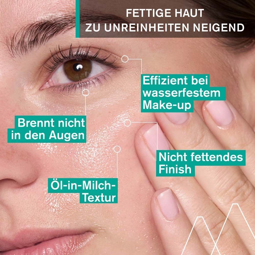 Nahaufnahme eines Gesichts. Text: Effizient bei wasserfestem Make-up, nicht fettendes Finish, Öl-in-Milch-Textur.