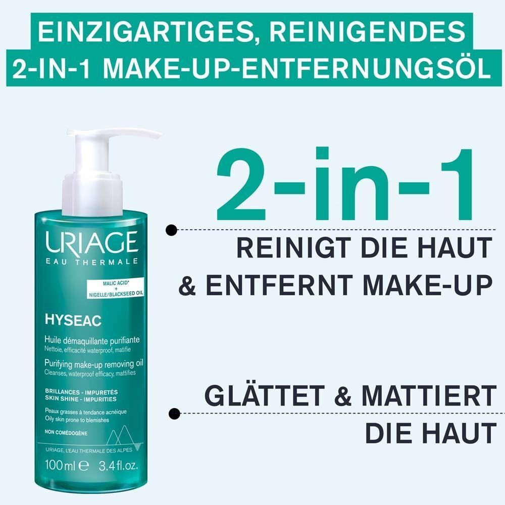 Produktflasche neben Text. Text: 2-in-1 reinigt die Haut & entfernt Make-up, glättet & mattiert die Haut.