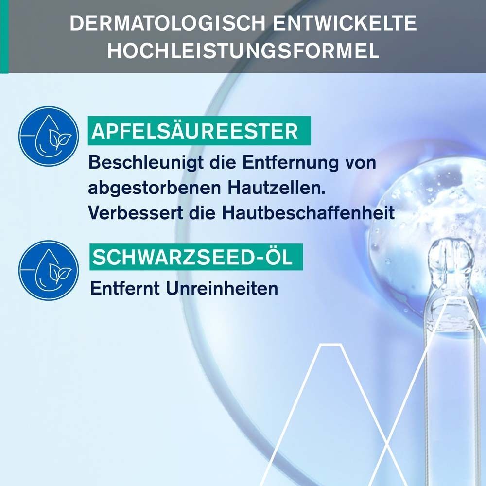 Grafik mit Text. Text: Apfelsäureester, beschleunigt die Entfernung von abgestorbenen Hautzellen. Schwarzkümmelöl, entfernt Unreinheiten.