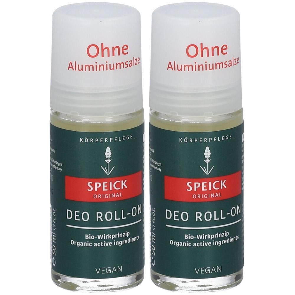 Zwei Deo Roll-ons. Weiße Kappe mit roter Schrift: Ohne Aluminiumsalze. Grüne Etiketten mit SPEICK, DEO ROLL-ON, Bio-Wirkprinzip, Vegan.