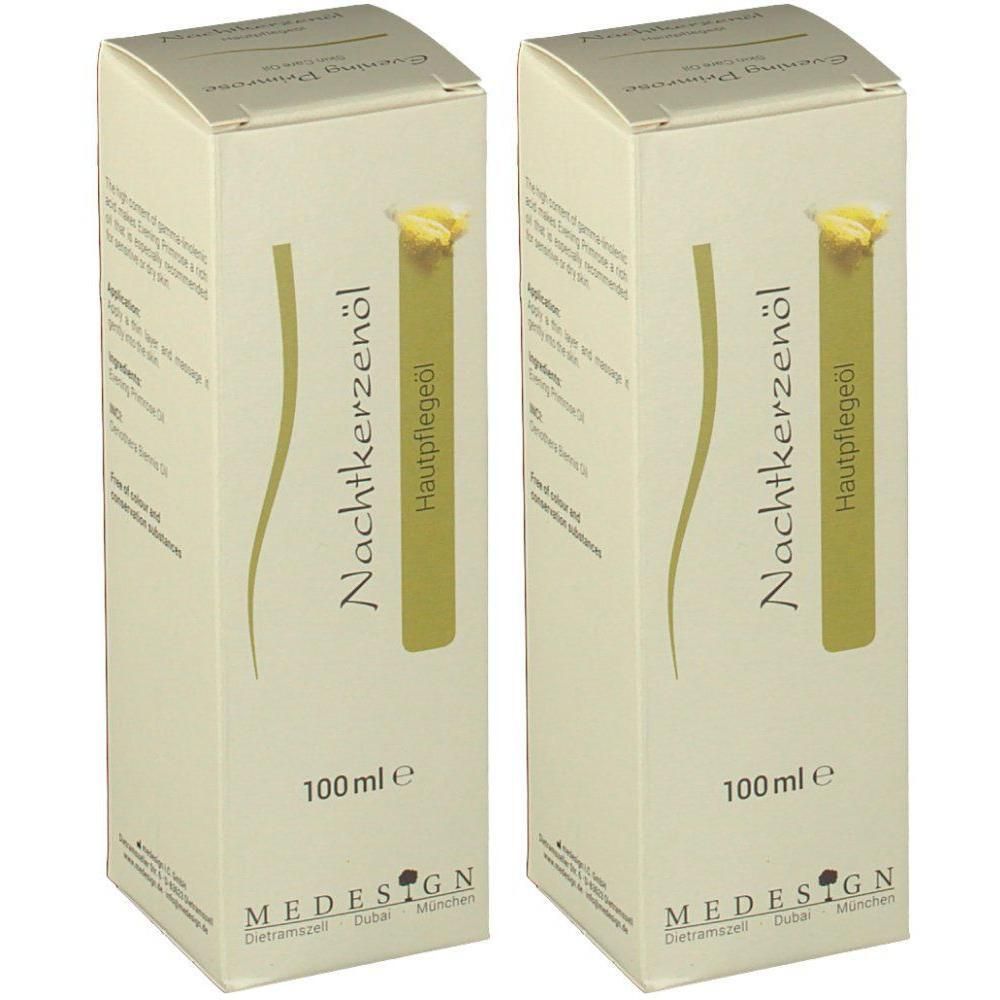 Zwei Kartons MEDESIGN Nachtkerzenöl Hautpflegeöl. Beige Verpackung mit grünen Akzenten und Produktnamen. 100 ml.