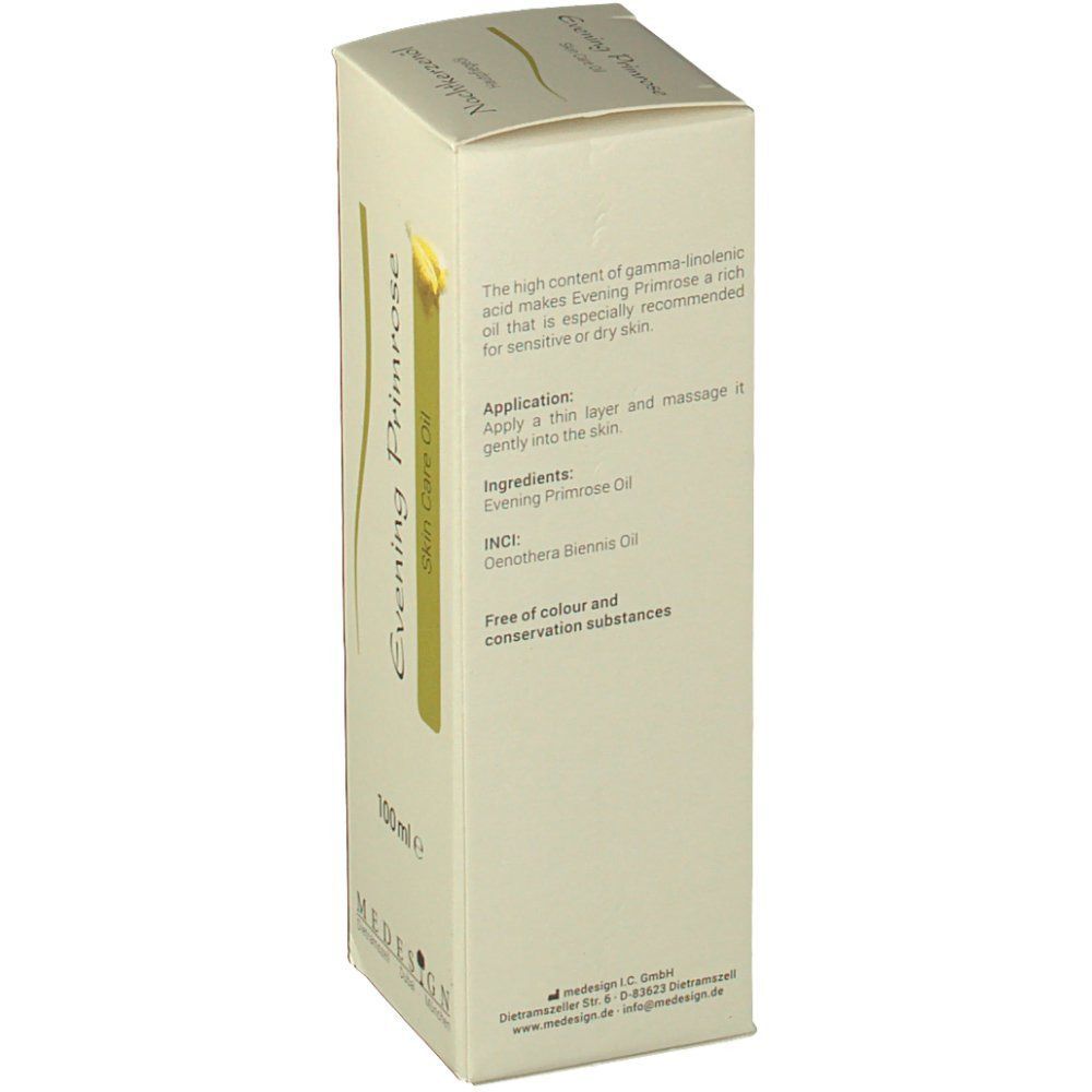 Seitenansicht der MEDESIGN Nachtkerzenöl Hautpflegeöl Verpackung. Text: Evening Primrose, 100 ml, Anwendungshinweise und Inhaltsstoffe.