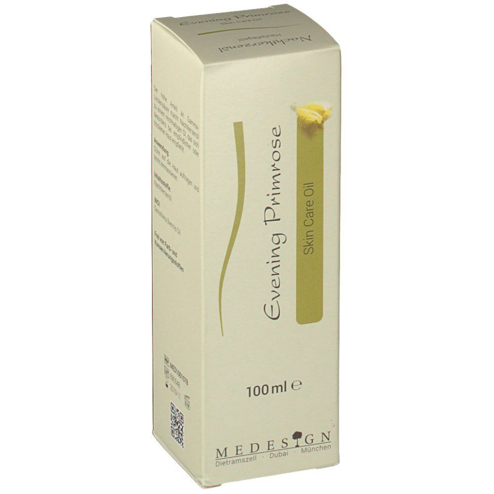 MEDESIGN Nachtkerzenöl Hautpflegeöl Verpackung. Beige mit grünen Akzenten. Text: Evening Primrose, Skin Care Oil, 100 ml.