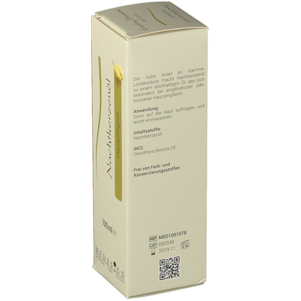 Rückseite der MEDESIGN Nachtkerzenöl Hautpflegeöl Verpackung. Text: Nachtkerzenöl, Anwendung, Inhaltsstoffe. 100 ml. Chargennummer.