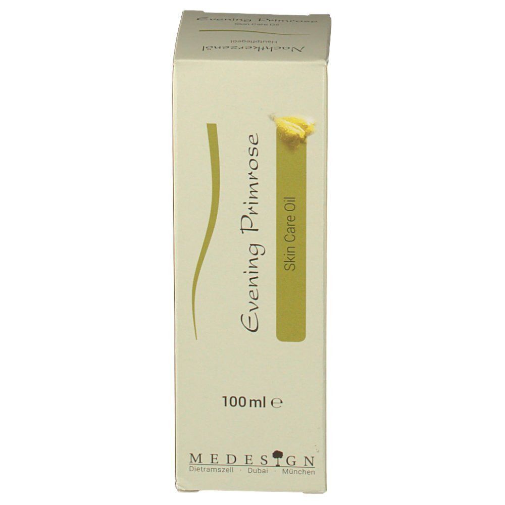 MEDESIGN Nachtkerzenöl Hautpflegeöl Verpackung. Beige mit grünen Akzenten. Text: Evening Primrose, Skin Care Oil, 100 ml.
