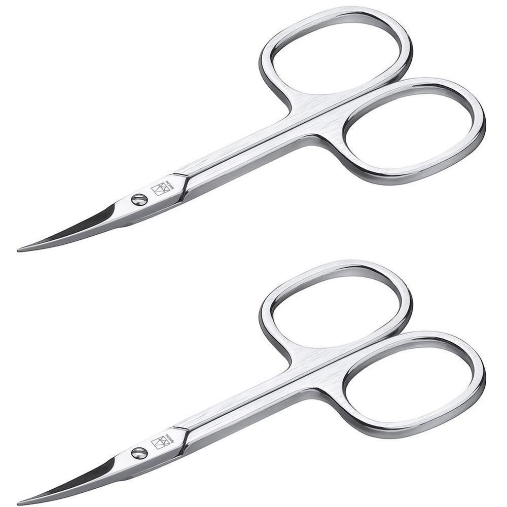 Zwei Hautscheren mit gebogenen Klingen und ovalen Griffen. Metallisch glänzend.