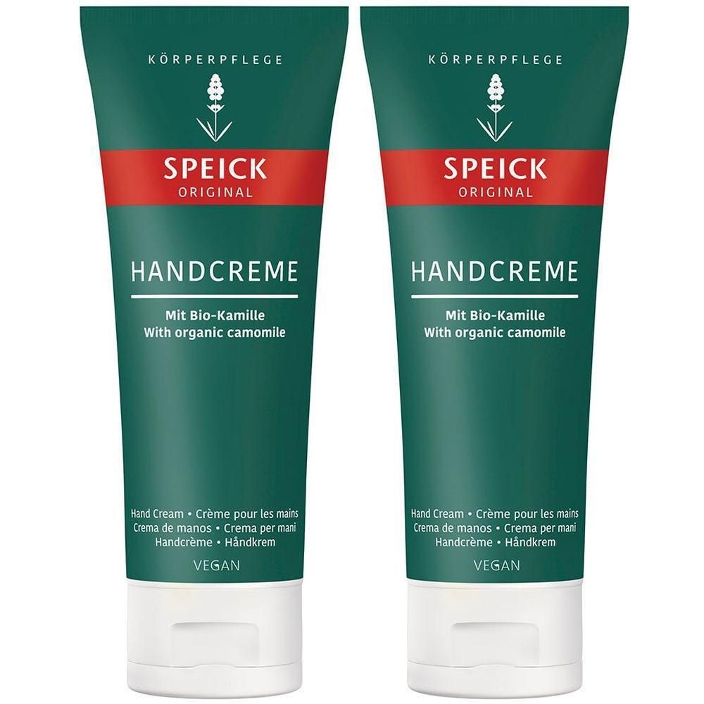 Zwei grüne Tuben Handcreme. Auf jeder Tube steht "SPEICK ORIGINAL HANDCREME" und "Mit Bio-Kamille". Vegan.
