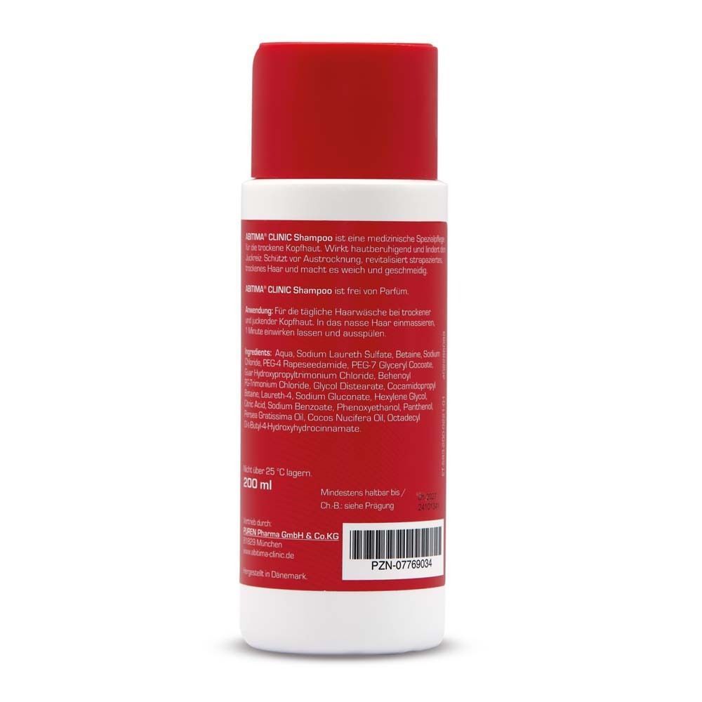 Rückseite einer ABITIMA® CLINIC Shampoo Flasche. Text: Inhaltsstoffe, 200 ml, PZN-07769351. Weißer Hintergrund.