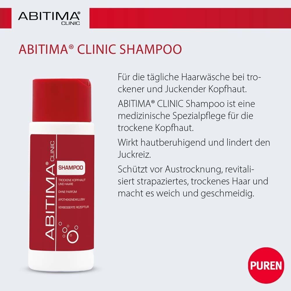 ABITIMA® CLINIC Shampoo Flasche neben Text. Text: Für trockene Kopfhaut, medizinische Spezialpflege. PUREN Logo.