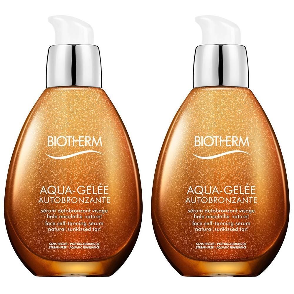 Zwei Flaschen mit goldenem Inhalt und silbernen Pumpköpfen. Auf jeder Flasche steht "BIOTHERM AQUA-GELÉE AUTOBRONZANTE".