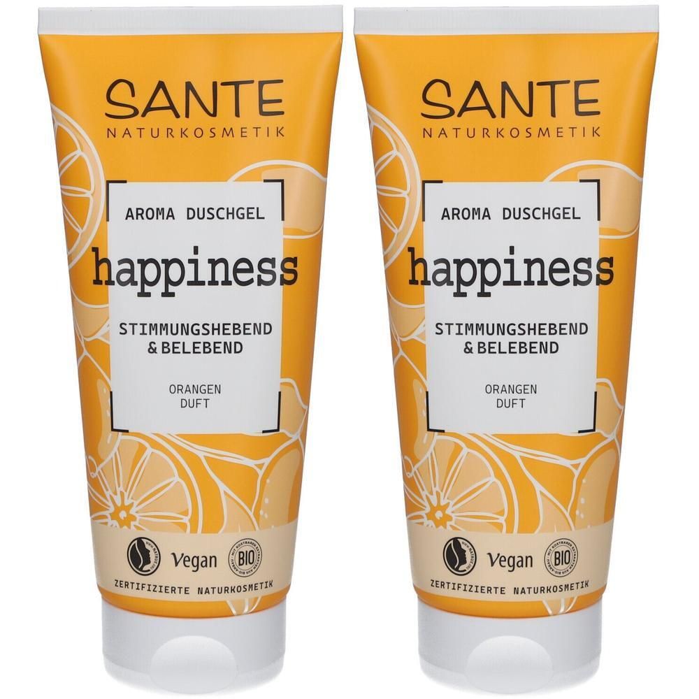 Zwei Tuben Duschgel. Aufschrift: SANTE, Aroma Duschgel, happiness, Stimmungshebend & Belebend, Orangenduft. Vegan- und Bio-Siegel.
