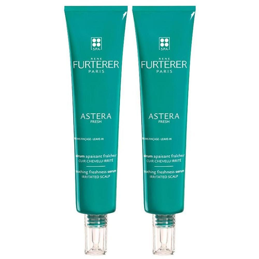 Zwei grüne Tuben mit weißem Applikator. Aufschrift: FURTERER PARIS, ASTERA FRESH, Serum apaisant fraîcheur cuir chevelu irrité.