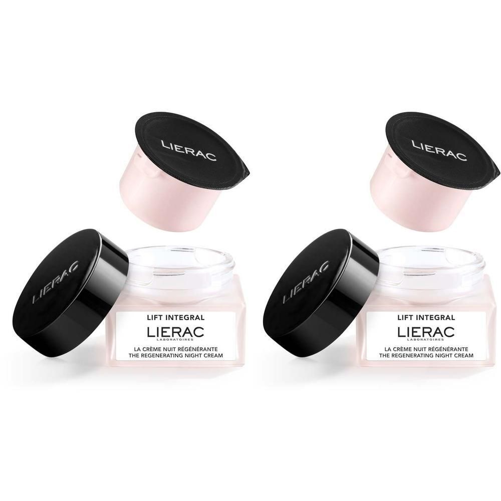 Zwei Tiegel mit schwarzem Deckel und zwei Refills. Auf den Tiegeln steht LIERAC und Lift Integral. Rosa Creme sichtbar.