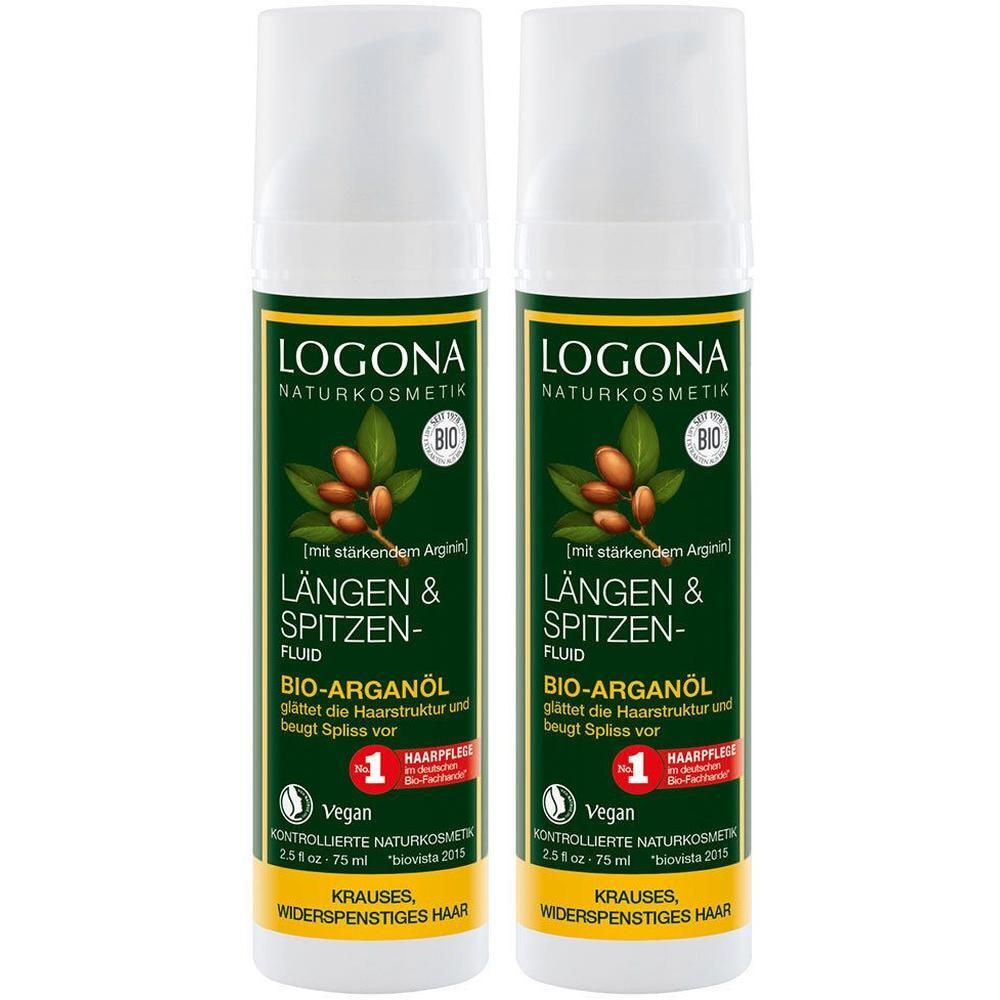Zwei Flaschen LOGONA Längen & Spitzen Fluid. Grün-weißes Etikett mit Produktnamen, Bio-Siegel und Vegan-Logo. Enthält Arganöl.