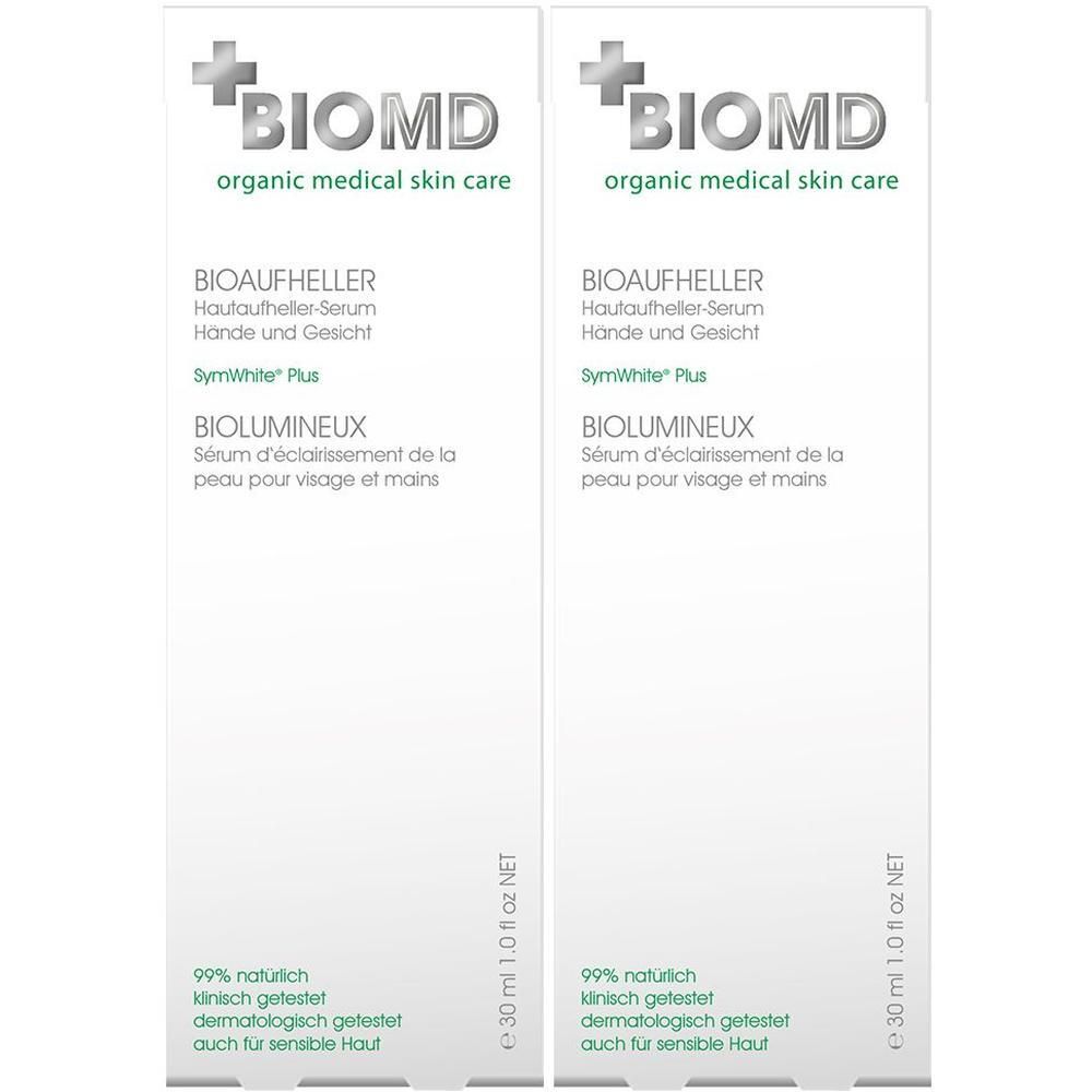 Zwei weiße Verpackungen mit BIOMD-Logo und Produktbezeichnung BIOAUFHELLER. Text: Hautaufheller-Serum für Hände und Gesicht.