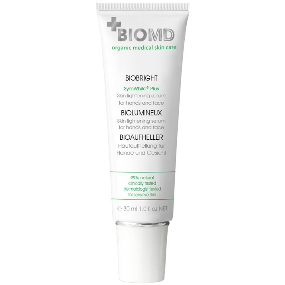 Weiße Tube mit BIOMD-Logo und Produktbezeichnung BIOBRIGHT. Text: Hautaufheller-Serum für Hände und Gesicht. 30 ml.